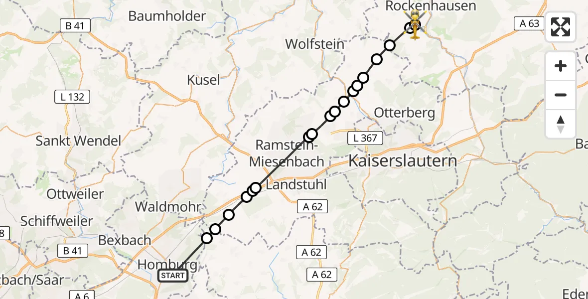 Flugroute Rettungshubschrauber Homburg - Imsweiler UL, 15 Mai 2026, 08:56