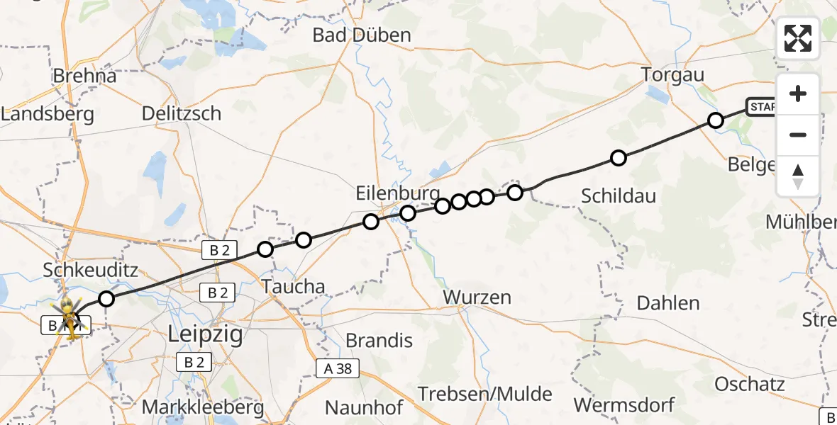 Flugroute Rettungshubschrauber Arzberg - ADAC Air Rescue Station Leipzig/Schkeuditz-Dölzig Hubschrauberlandeplatz (Christoph 61), 15 Mai 2026, 08:57