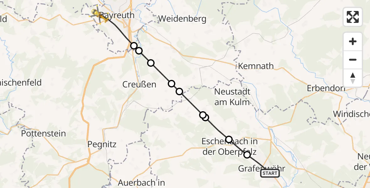 Flugroute Rettungshubschrauber Grafenwöhr - Bayreuth Hospital, 15 Mai 2026, 09:00