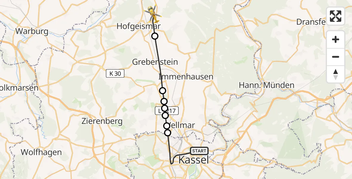 Flugroute Rettungshubschrauber Kassel - Hofgeismar, 15 Mai 2026, 09:03