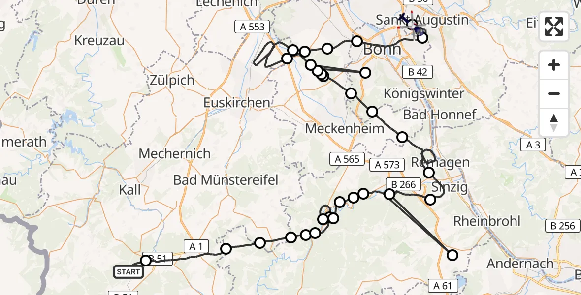 Flugroute Polizeihubschrauber Dahlem - Bonn-Hangelar Flugplatz, 15 Mai 2026, 09:05