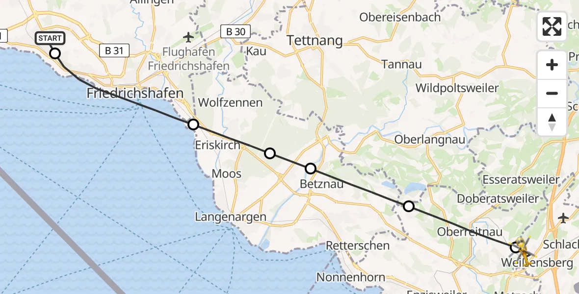 Flugroute Rettungshubschrauber Friedrichshafen Hospital - Weißensberg, 15 Mai 2026, 09:05