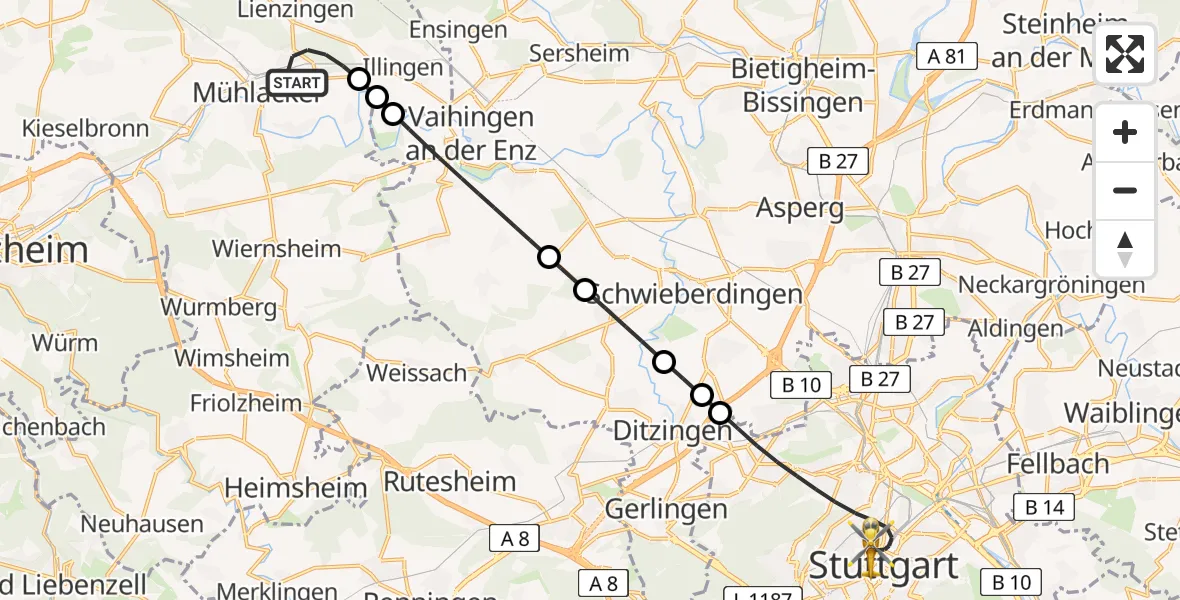 Flugroute Rettungshubschrauber Mühlacker - Stuttgart, 15 Mai 2026, 09:09
