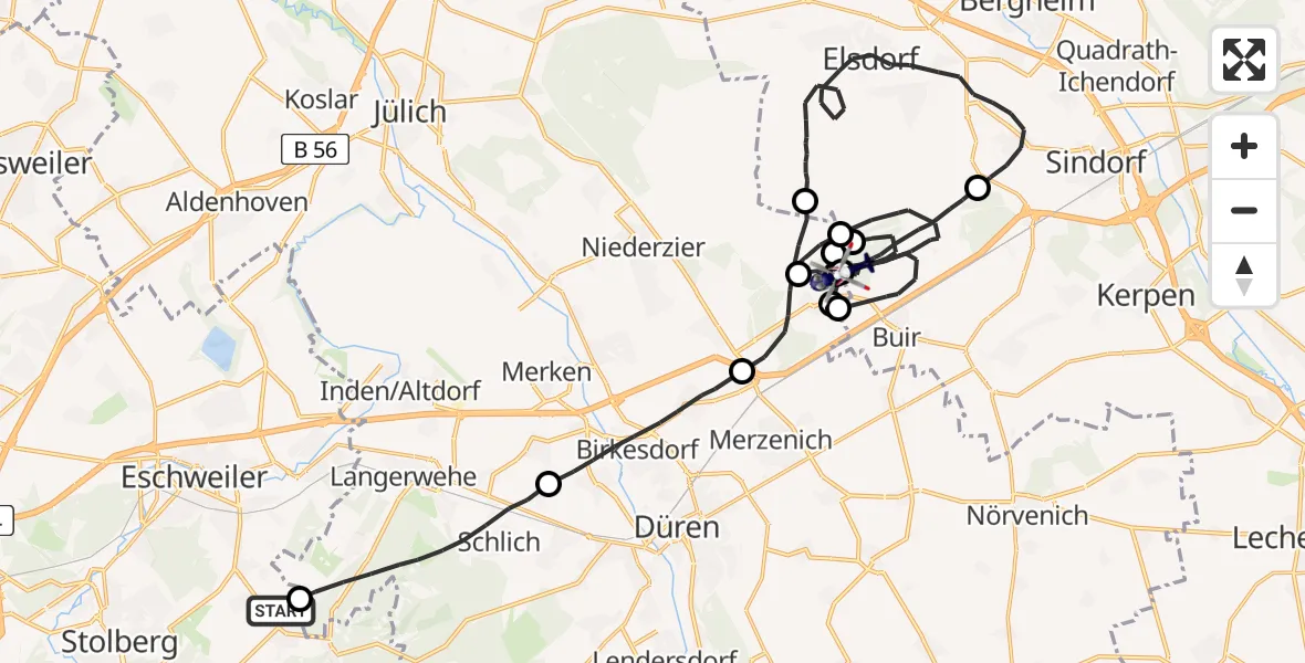 Flugroute Polizeihubschrauber Stolberg (Rhld.) - Morschenich Ultraleichtflugplatz, 15 Mai 2026, 09:11