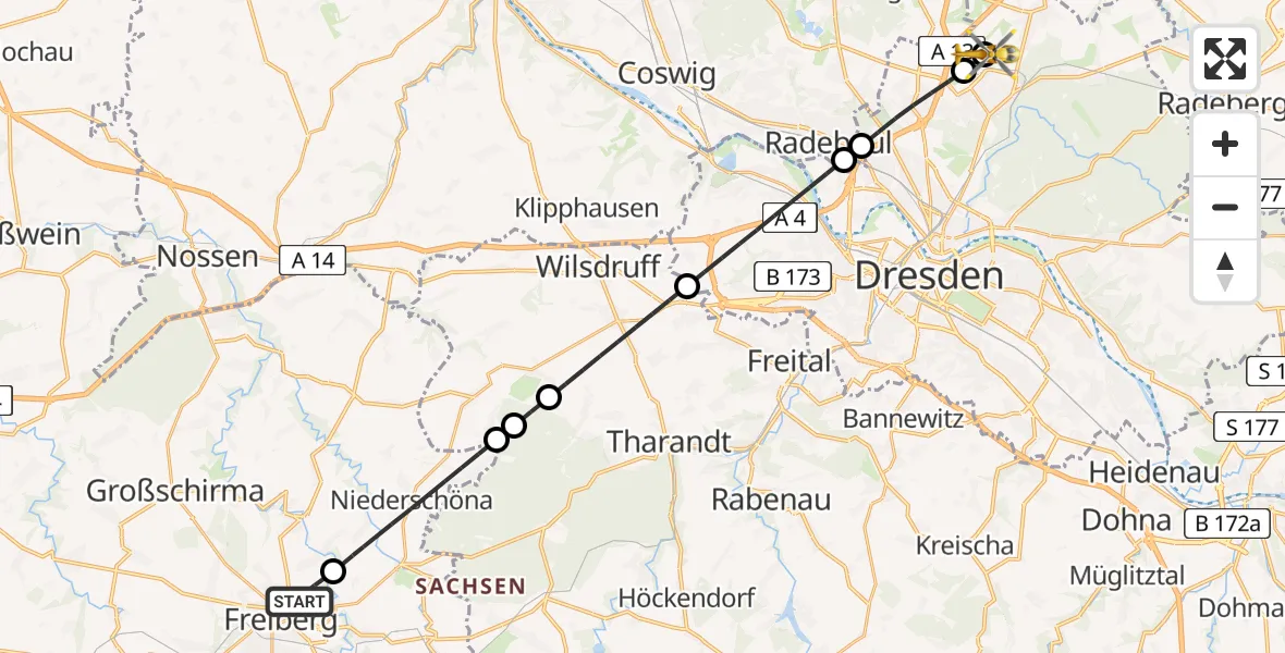 Flugroute Rettungshubschrauber Freiberg - Dresden Bundespolizei Hubschrauberlandeplatz, 15 Mai 2026, 09:14