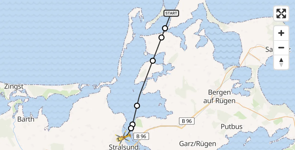 Flugroute Rettungshubschrauber Wiek - Stralsund, 15 Mai 2026, 09:15