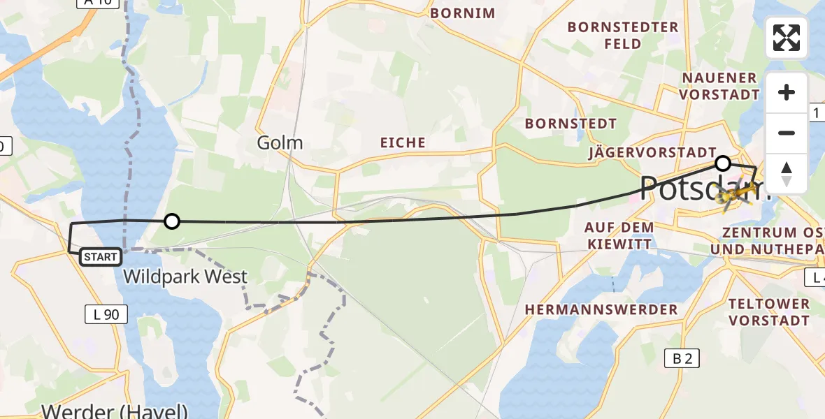 Flugroute Rettungshubschrauber Werder (Havel) - Ernst von Bergmann Clinic Hubschrauberlandeplatz, 15 Mai 2026, 09:15