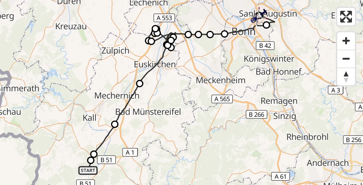 Flugroute Polizeihubschrauber Dahlem - Bonn-Hangelar Flugplatz, 15 Mai 2026, 09:16