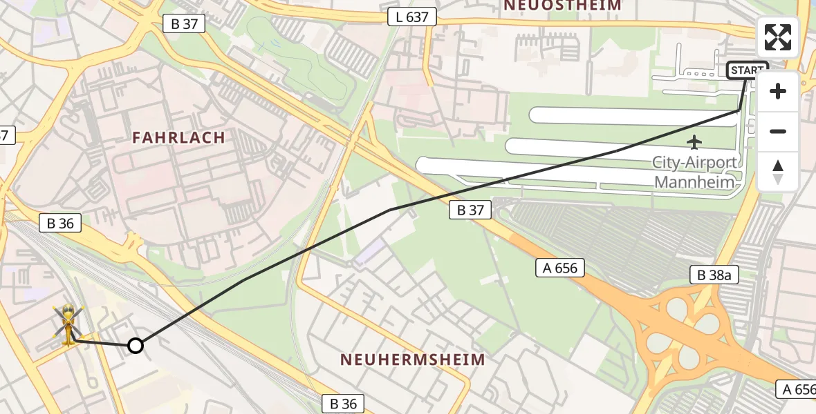 Flugroute Rettungshubschrauber Mannheim-City Flughafen - Mannheim, 15 Mai 2026, 09:18