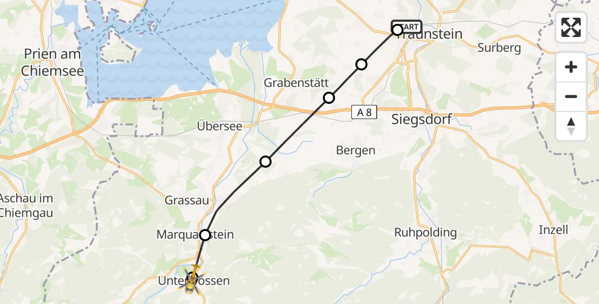 Flugroute Rettungshubschrauber Traunstein Hospital - Unterwössen, 15 Mai 2026, 09:18
