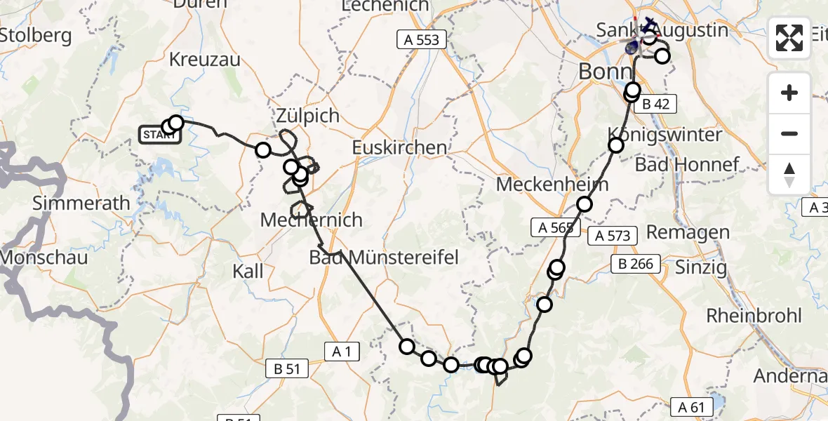 Flugroute Polizeihubschrauber Nideggen - Bonn-Hangelar Flugplatz, 15 Mai 2026, 09:22
