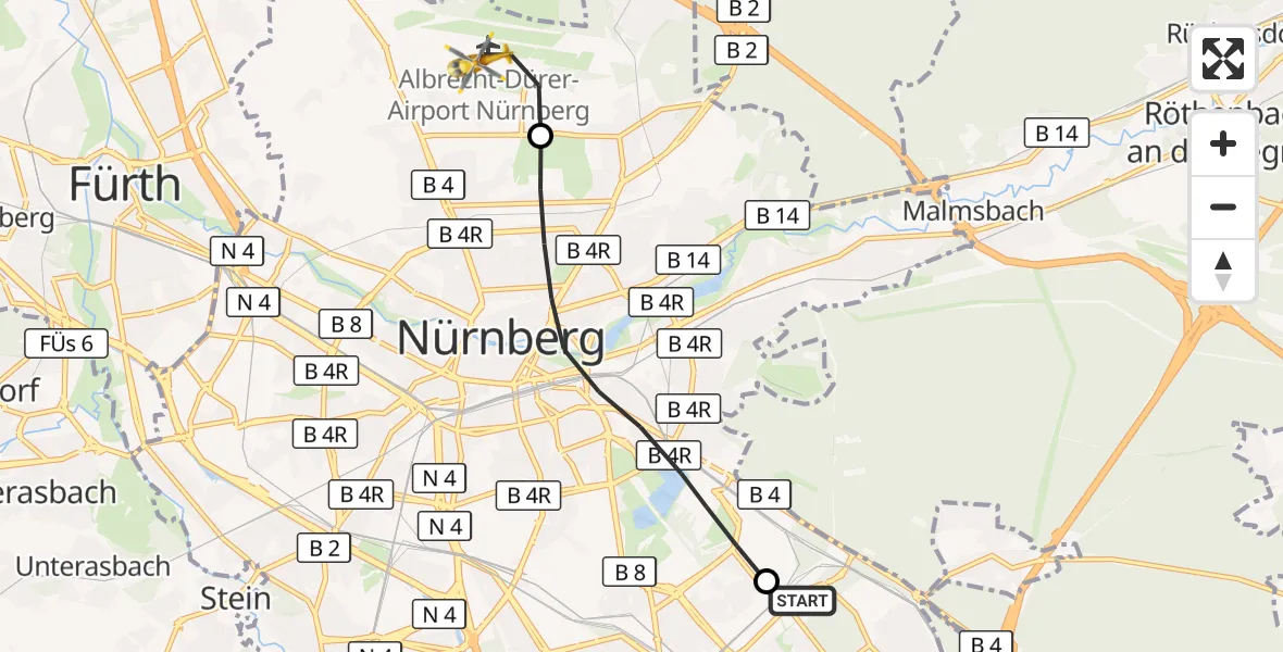 Flugroute Ambulanzhubschrauber Nürnberg South Hospital - Flughafen Nuremberg, 15 Mai 2026, 09:23