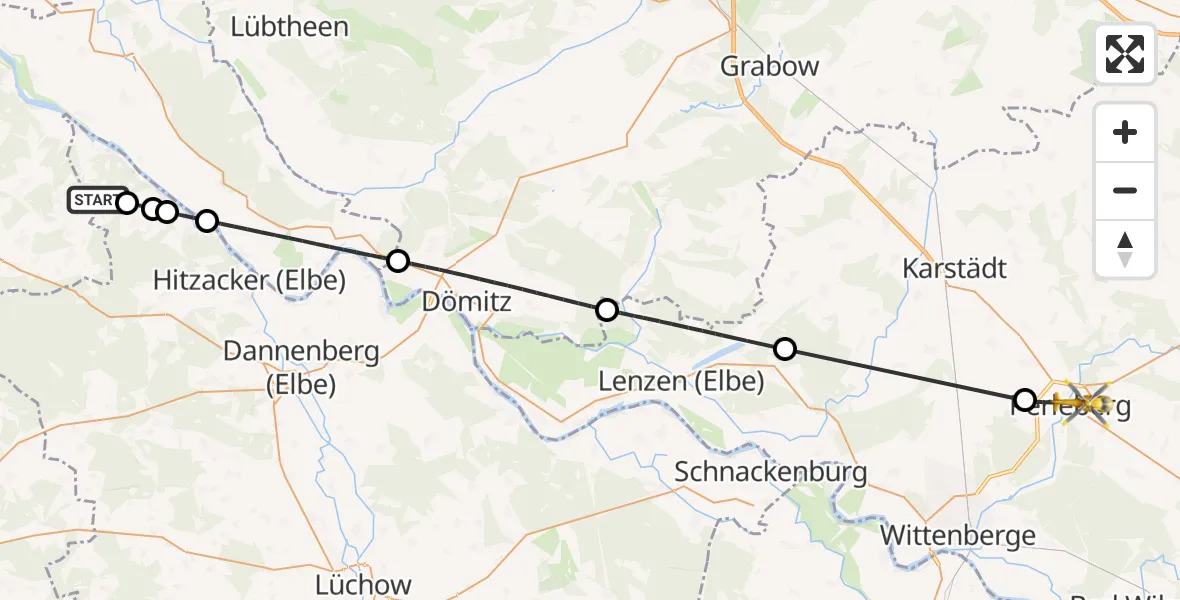 Flugroute Rettungshubschrauber Neu Darchau - Perleberg, 15 Mai 2026, 09:23