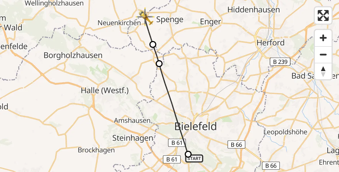 Flugroute Rettungshubschrauber Luftrettungszentrum Bielefeld - Spenge, 15 Mai 2026, 09:30