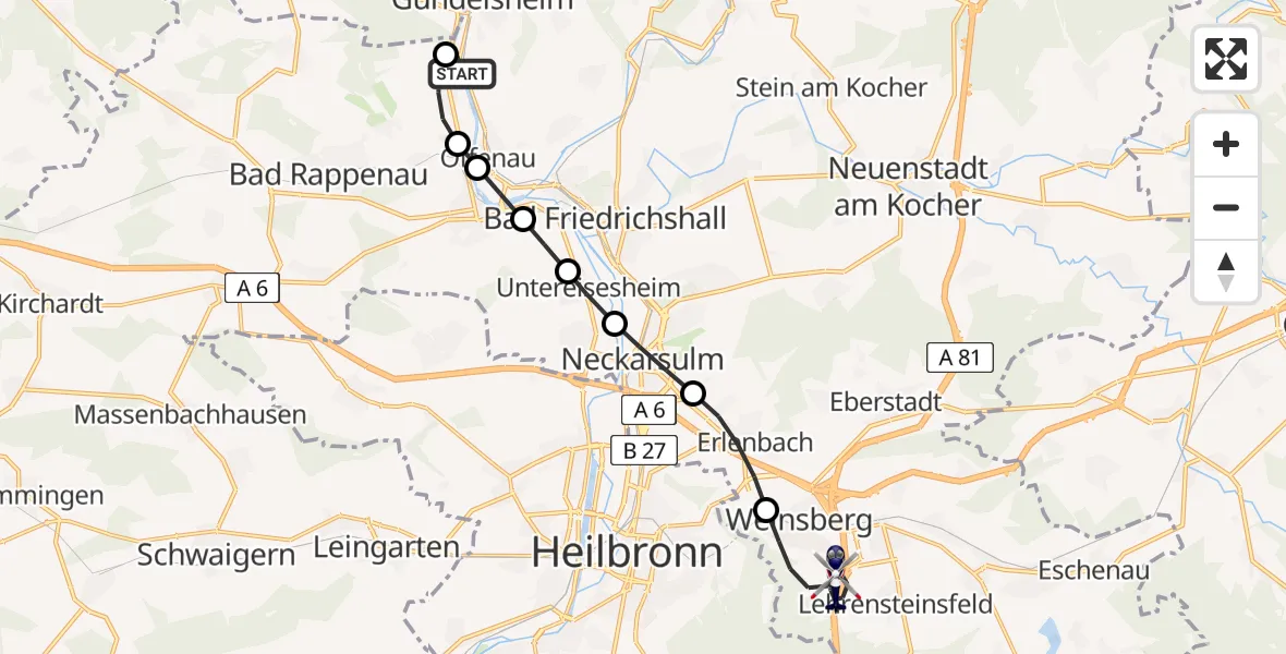 Flugroute Polizeihubschrauber Gundelsheim - Weinsberg, 15 Mai 2026, 09:31