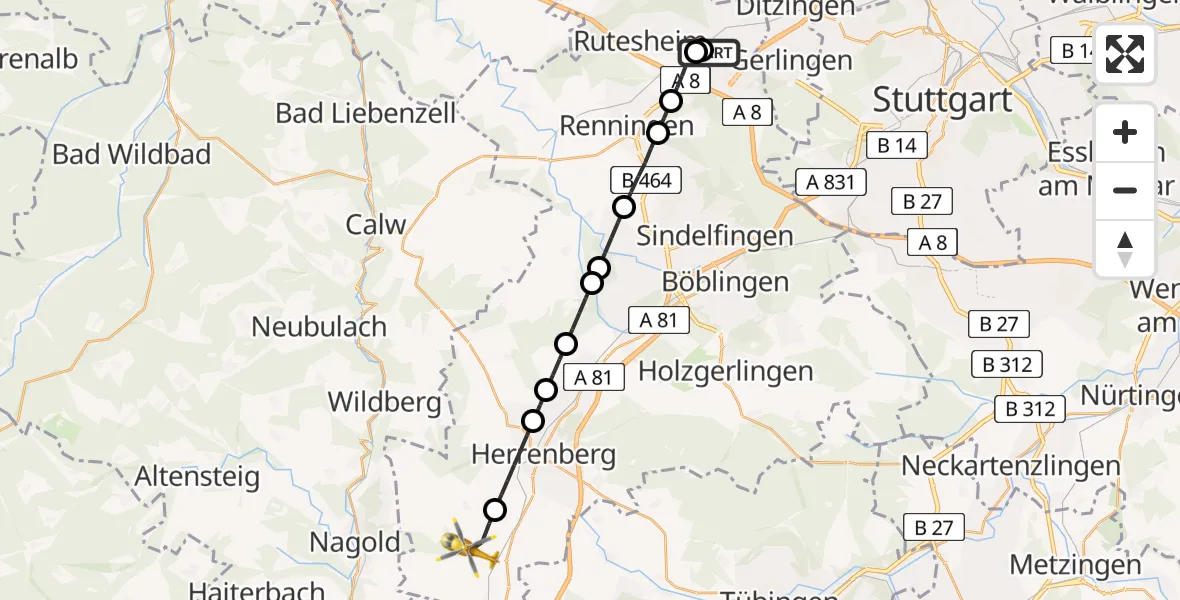 Flugroute Rettungshubschrauber Leonberg Hospital - Gäufelden, 15 Mai 2026, 09:33