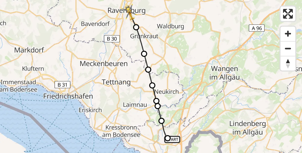 Flugroute Rettungshubschrauber Weißensberg - Ravensburg, 15 Mai 2026, 09:36