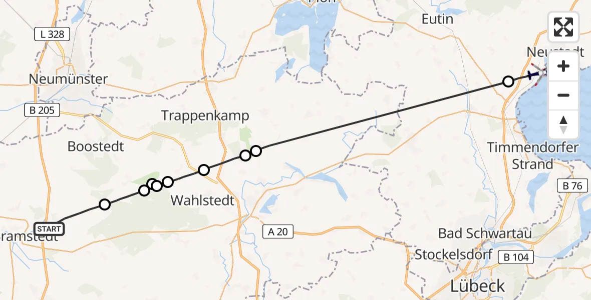 Flugroute Polizeihubschrauber Bimöhlen - Sierksdorf, 15 Mai 2026, 09:36