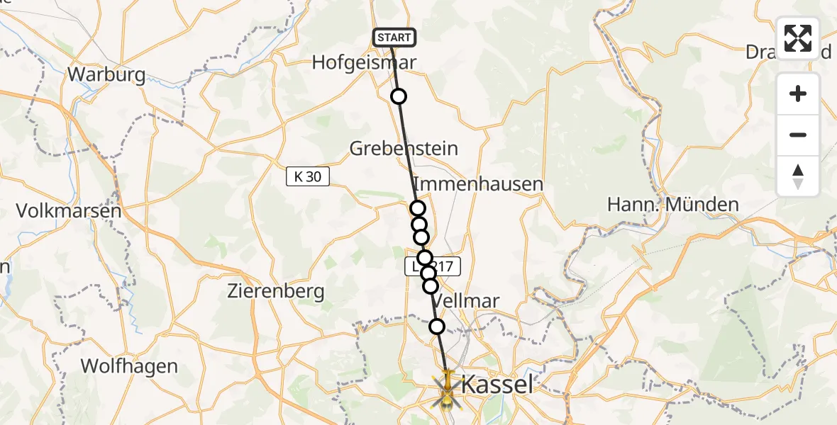 Flugroute Rettungshubschrauber Hofgeismar - Kassel, 15 Mai 2026, 09:36