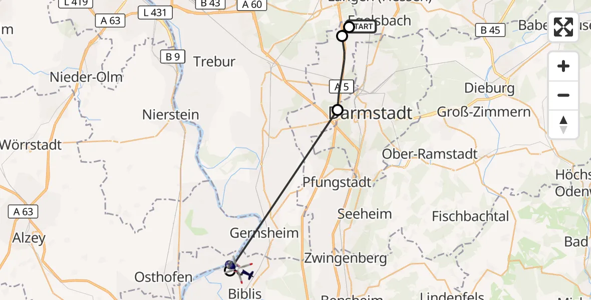 Flugroute Polizeihubschrauber Flughafen Frankfurt-Egelsbach - Groß-Rohrheim, 15 Mai 2026, 09:36