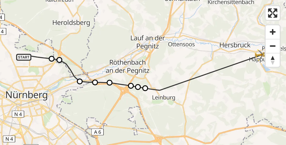Flugroute Ambulanzhubschrauber Flughafen Nuremberg - Happurg, 15 Mai 2026, 09:37