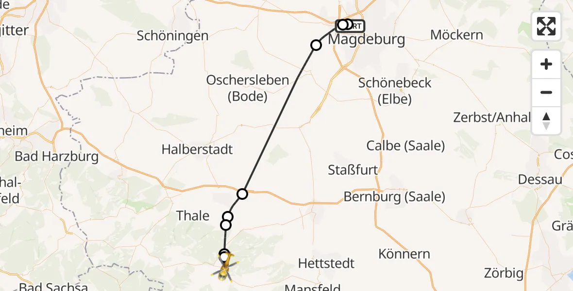 Flugroute Rettungshubschrauber Magdeburg Hospital - Harzgerode, 15 Mai 2026, 09:38