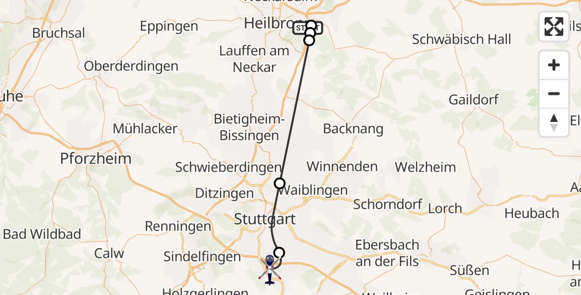 Flugroute Polizeihubschrauber Weinsberg - Flughafen Stuttgart, 15 Mai 2026, 09:39