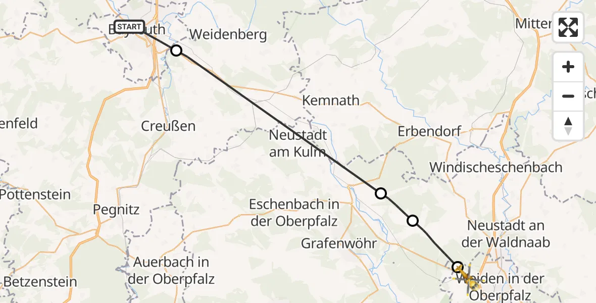 Flugroute Rettungshubschrauber Bayreuth - Weiden i.d.OPf., 15 Mai 2026, 09:40