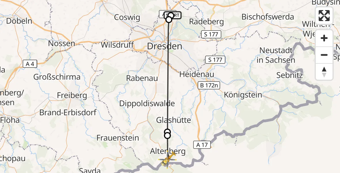 Flugroute Rettungshubschrauber Dresden Bundespolizei Hubschrauberlandeplatz - Altenberg, 15 Mai 2026, 09:41
