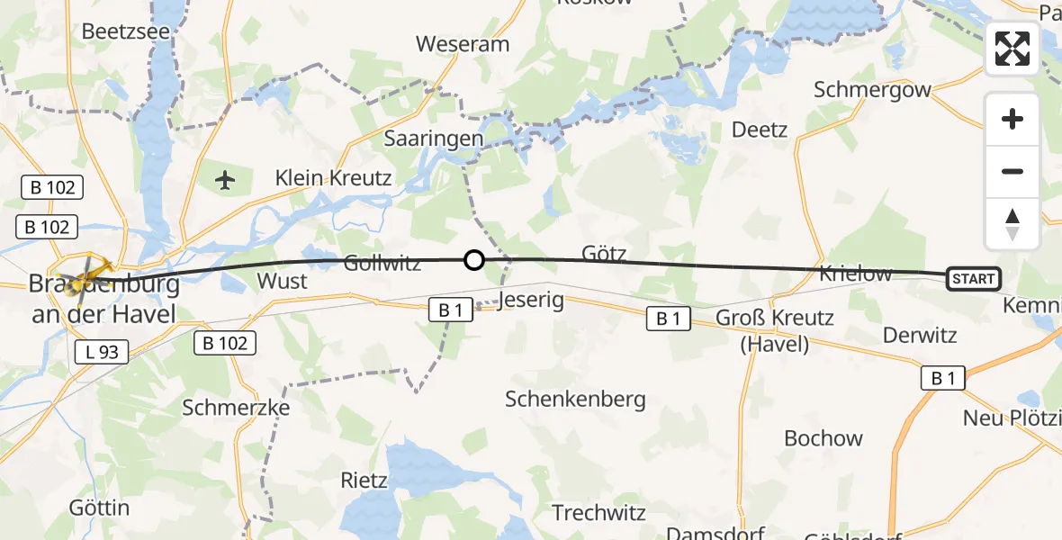 Flugroute Rettungshubschrauber Groß Kreutz (Havel) - Brandenburg an der Havel, 15 Mai 2026, 09:51
