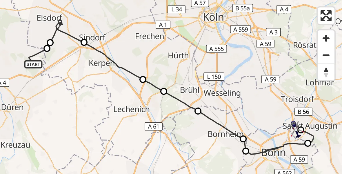 Flugroute Polizeihubschrauber Merzenich - Sankt Augustin, 15 Mai 2026, 09:52
