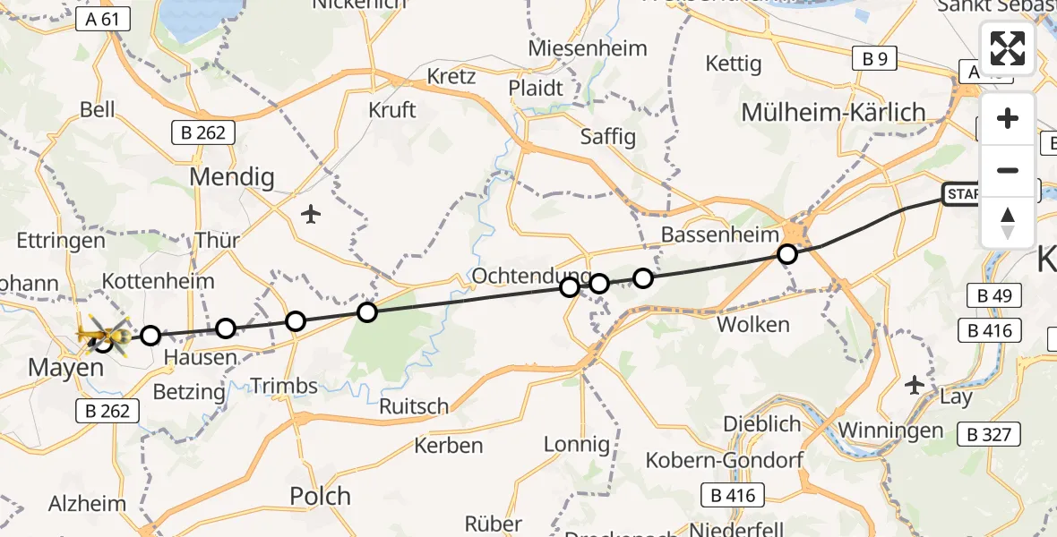 Flugroute Rettungshubschrauber Koblenz - Mayen, 15 Mai 2026, 09:54