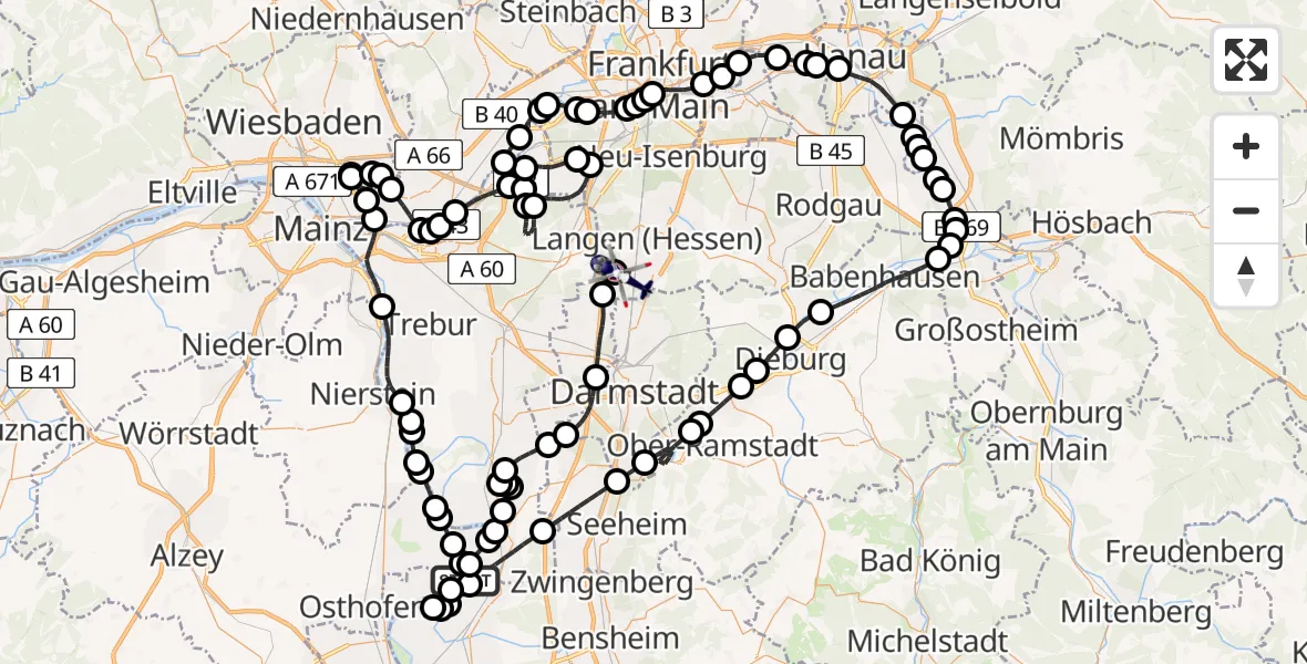 Flugroute Polizeihubschrauber Groß-Rohrheim - Flughafen Frankfurt-Egelsbach, 15 Mai 2026, 09:54