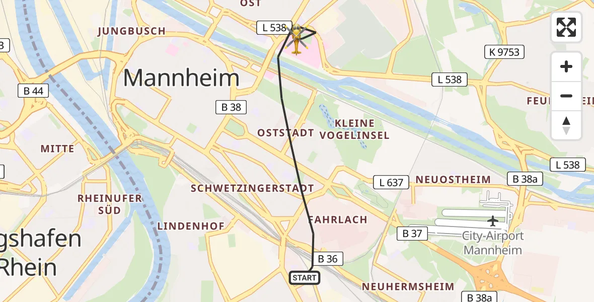 Flugroute Rettungshubschrauber Mannheim - Mannheim, 15 Mai 2026, 09:55