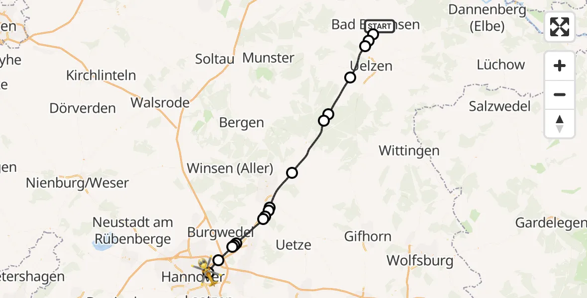 Flugroute Rettungshubschrauber Bad Bevensen - Hannover Luftrettung Hubschrauberlandeplatz (Christoph 4), 15 Mai 2026, 09:57