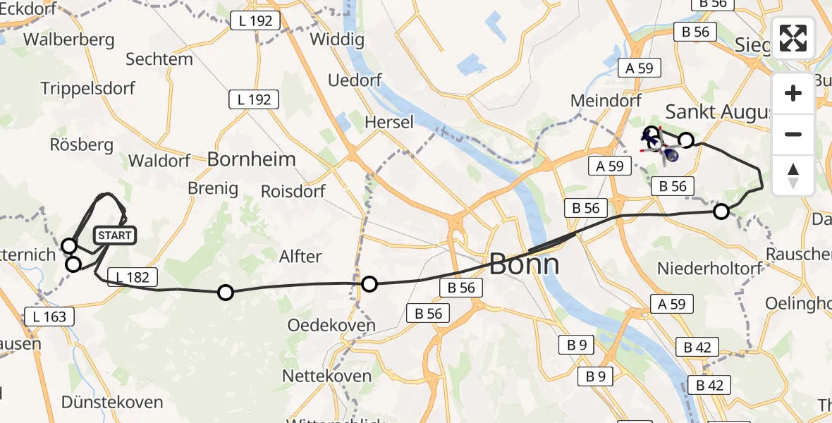 Flugroute Polizeihubschrauber Bornheim - Bonn-Hangelar Flugplatz, 15 Mai 2026, 09:59