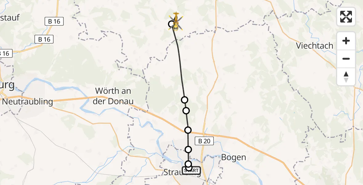 Flugroute Rettungshubschrauber Sankt Elisabeth Hospital Straubing - Michelsneukirchen, 15 Mai 2026, 10:06