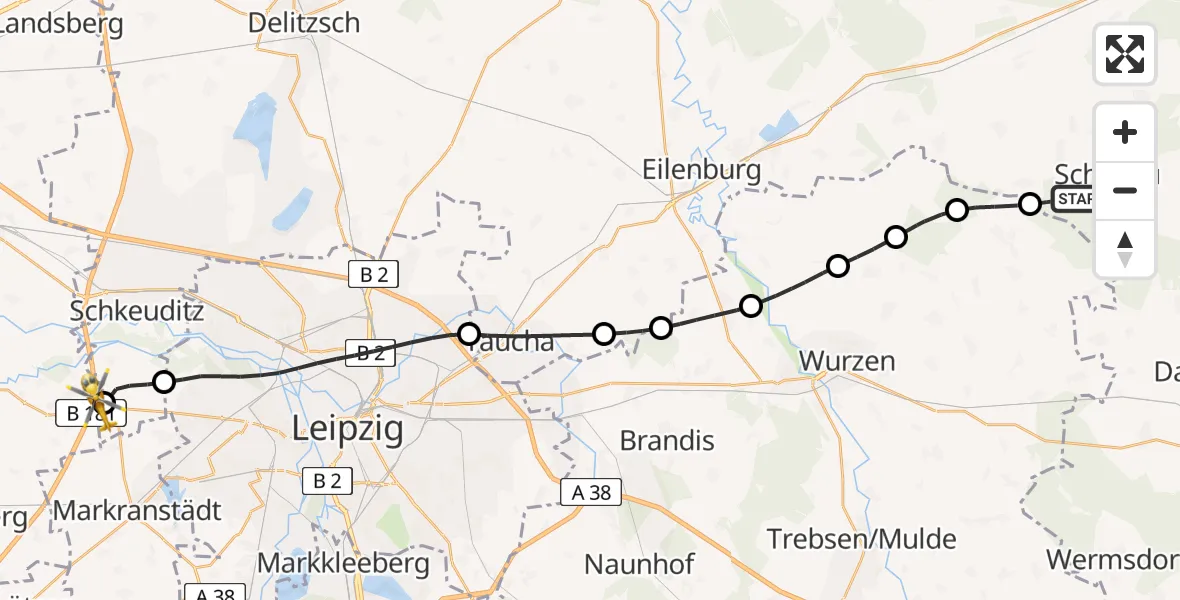 Flugroute Rettungshubschrauber Belgern-Schildau - ADAC Air Rescue Station Leipzig/Schkeuditz-Dölzig Hubschrauberlandeplatz (Christoph 61), 15 Mai 2026, 10:10