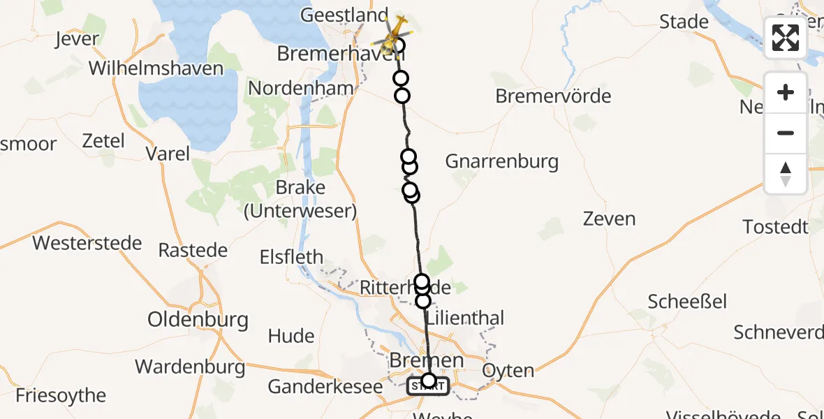 Flugroute Rettungshubschrauber ADAC Air Rescue Station Bremen Hubschrauberlandeplatz (Christoph 6) - Geestland, 15 Mai 2026, 10:12
