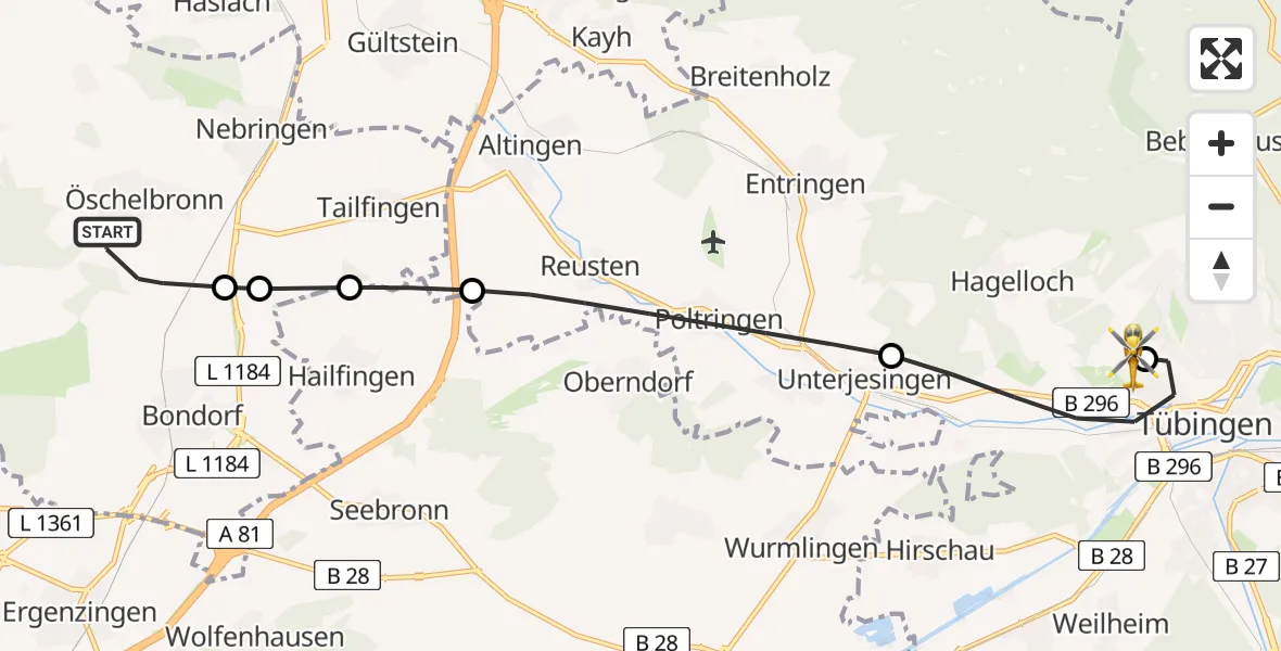 Flugroute Rettungshubschrauber Gäufelden - Tübingen University Hospital, 15 Mai 2026, 10:15