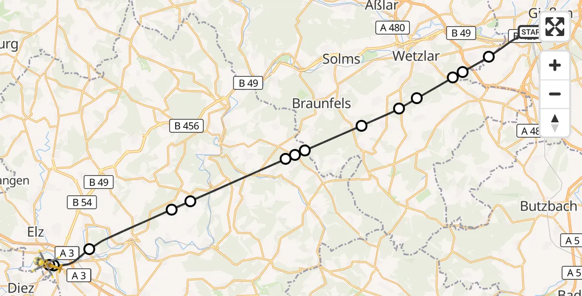 Flugroute Rettungshubschrauber Gießen - Saint Vincent Hospital Limburg, 15 Mai 2026, 10:15