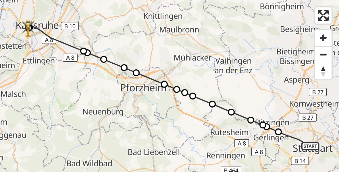 Flugroute Rettungshubschrauber Stuttgart - Sankt Vincentius Hospital, 15 Mai 2026, 10:18