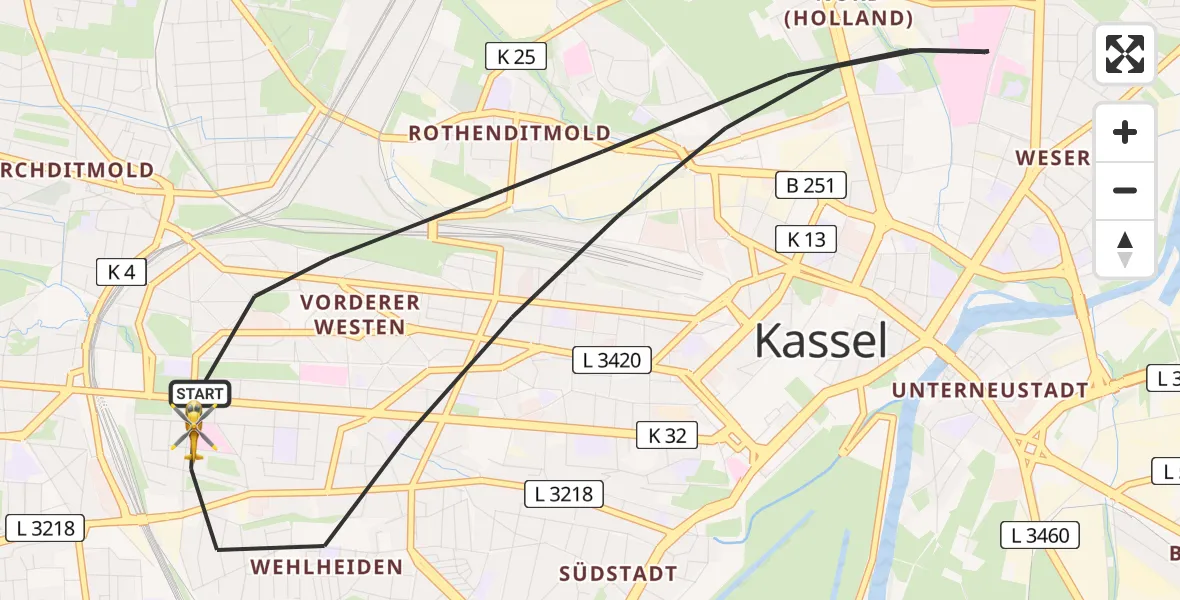 Flugroute Rettungshubschrauber Kassel - Kassel, 15 Mai 2026, 10:19