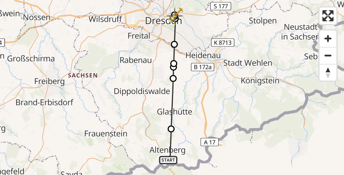 Flugroute Rettungshubschrauber Altenberg - Dresden Elbwiesen Hubschrauberlandeplatz, 15 Mai 2026, 10:20