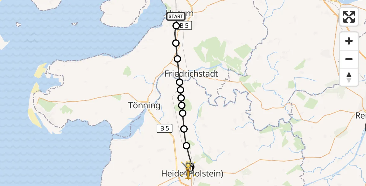 Flugroute Rettungshubschrauber Husum - Heide, 15 Mai 2026, 10:22
