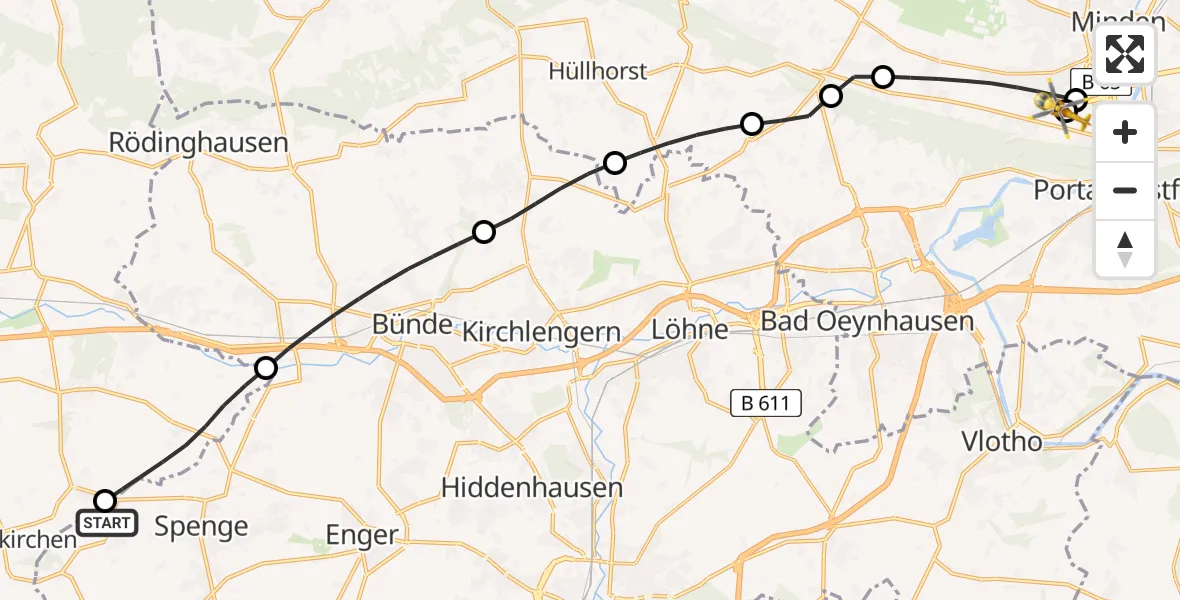 Flugroute Rettungshubschrauber Spenge - Minden, 15 Mai 2026, 10:22