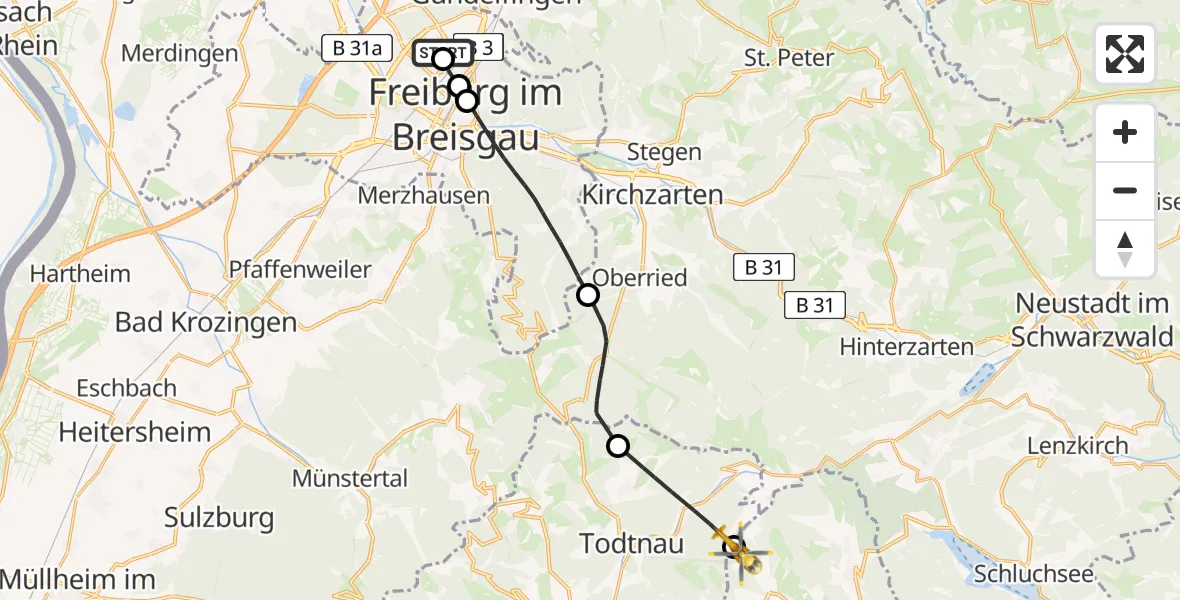 Flugroute Rettungshubschrauber Freiburg im Breisgau Flugplatz - Bernau im Schwarzwald, 15 Mai 2026, 10:28