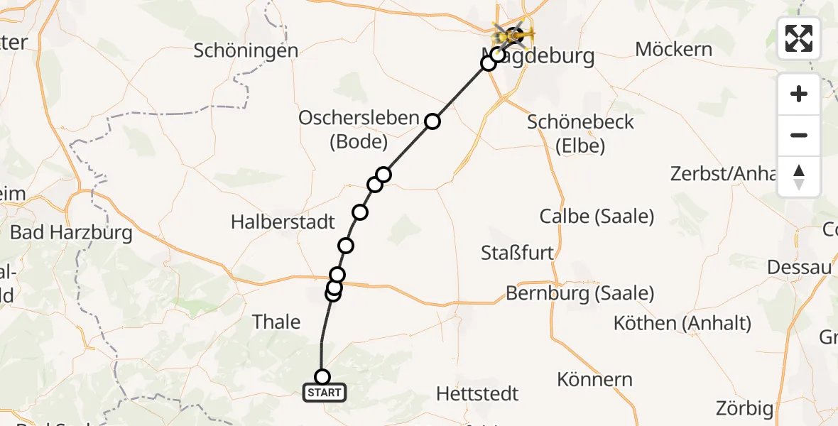 Flugroute Rettungshubschrauber Harzgerode - Magdeburg Hospital, 15 Mai 2026, 10:31