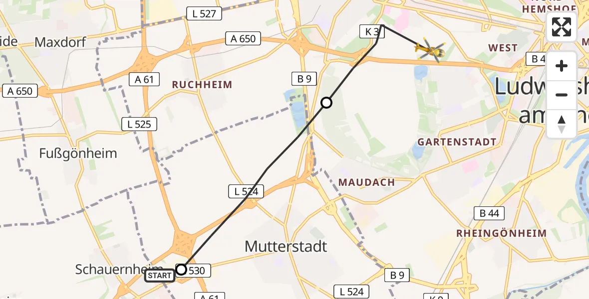 Flugroute Rettungshubschrauber Dannstadt-Schauernheim - Ludwigshafen am Rhein, 15 Mai 2026, 10:36