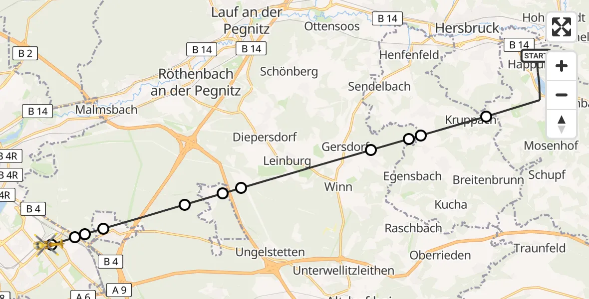 Flugroute Ambulanzhubschrauber Happurg - Nürnberg South Hospital, 15 Mai 2026, 10:37